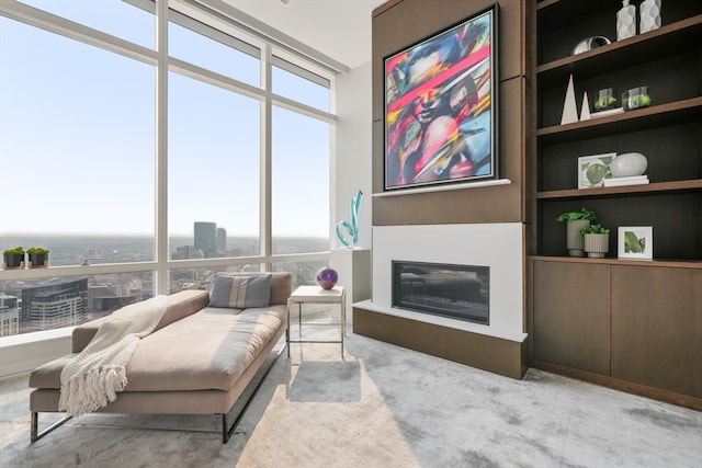 sitting room with built in shelves, light carpet, and a wall of windows