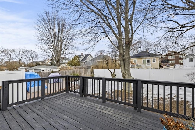 deck with a residential view, a fenced backyard, and a fenced in pool