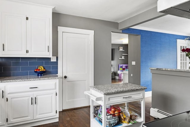 kitchen featuring white cabinetry, baseboard heating, backsplash, dark wood-style floors, and crown molding