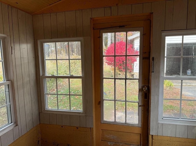 entryway featuring vaulted ceiling and wood walls