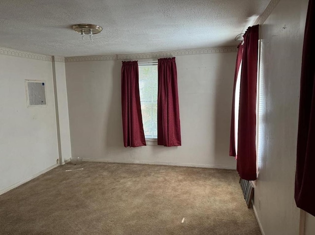 unfurnished room with light colored carpet, electric panel, and a textured ceiling