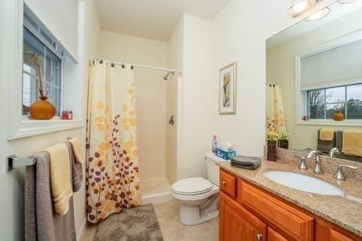 bathroom featuring toilet, a shower with curtain, tile patterned floors, and vanity