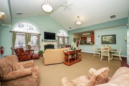 living room with ceiling fan, lofted ceiling, plenty of natural light, and carpet