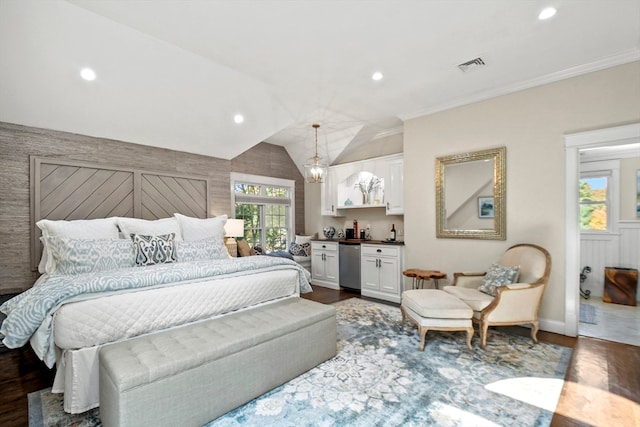 bedroom with lofted ceiling, ornamental molding, a chandelier, and dark hardwood / wood-style flooring