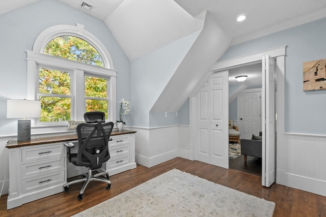 office featuring ornamental molding, vaulted ceiling, and dark hardwood / wood-style floors