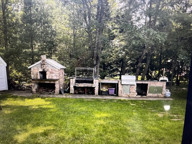 view of yard featuring exterior kitchen and an outdoor stone fireplace