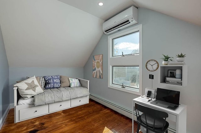 office space featuring lofted ceiling, an AC wall unit, a baseboard radiator, and wood finished floors