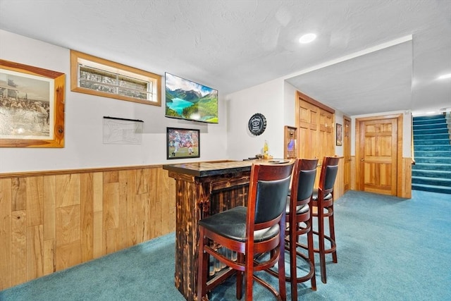 bar featuring wood walls, a textured ceiling, and carpet