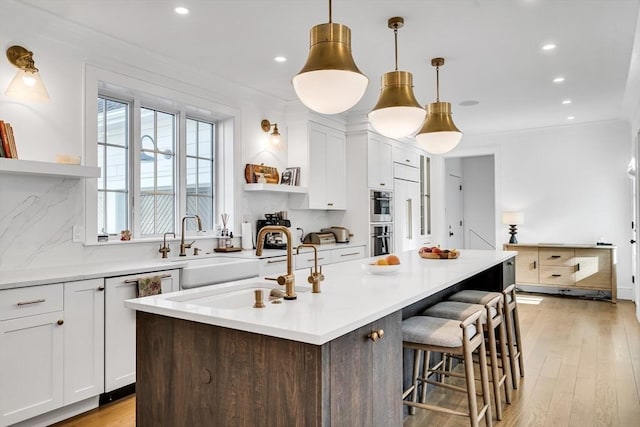 kitchen with white cabinetry, open shelves, crown molding, and tasteful backsplash