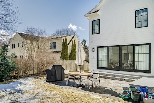 back of property featuring a patio area and fence