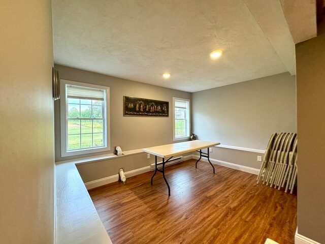 office area featuring a wealth of natural light, a baseboard heating unit, and wood-type flooring