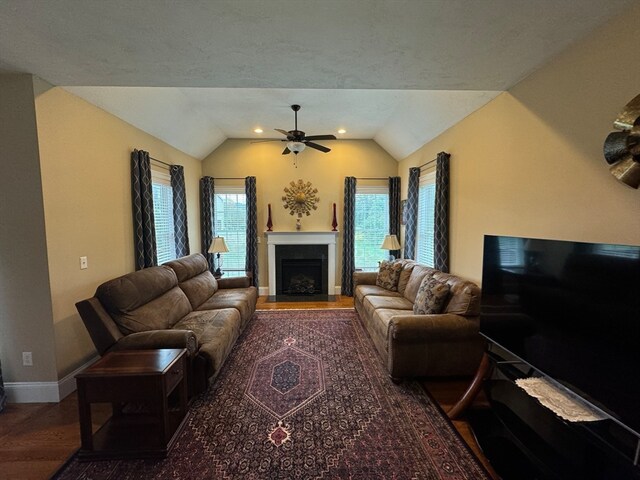 living room with lofted ceiling, a wealth of natural light, and dark hardwood / wood-style flooring