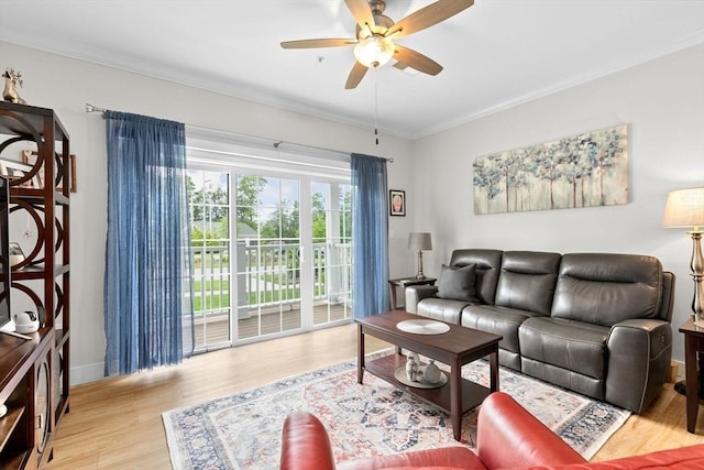 57 Long Point Rd Unit 110, Lakeville, MA 02347 - living area with light wood-style floors, a ceiling fan, ornamental molding, and baseboards
