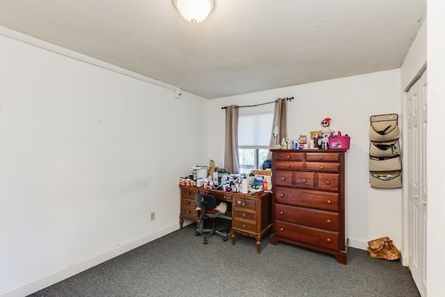 office with a textured ceiling and carpet