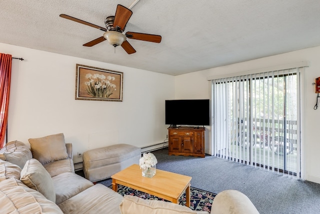 carpeted living room with ceiling fan, a baseboard radiator, and a textured ceiling