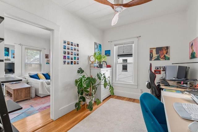 home office with light wood finished floors, a ceiling fan, and baseboards