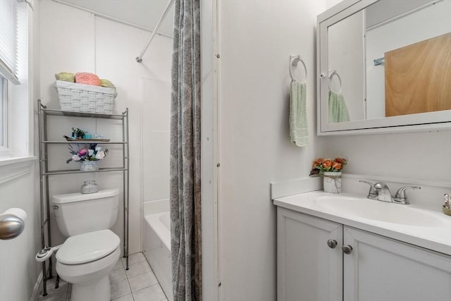 full bathroom with toilet, tile patterned flooring, vanity, and shower / bath combo