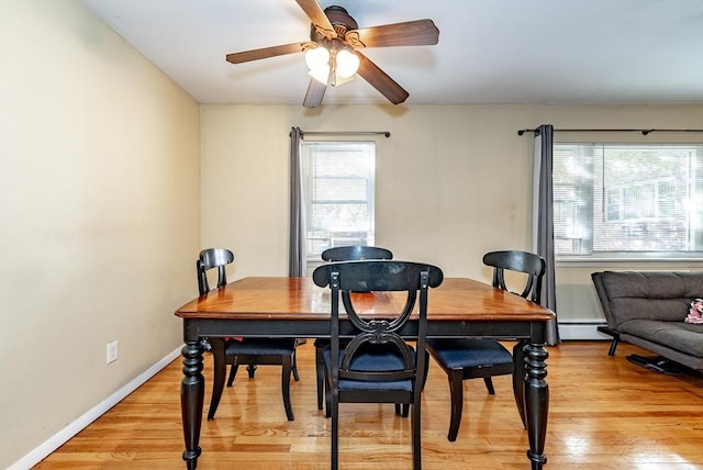 dining area featuring light wood-style flooring, baseboards, baseboard heating, and ceiling fan