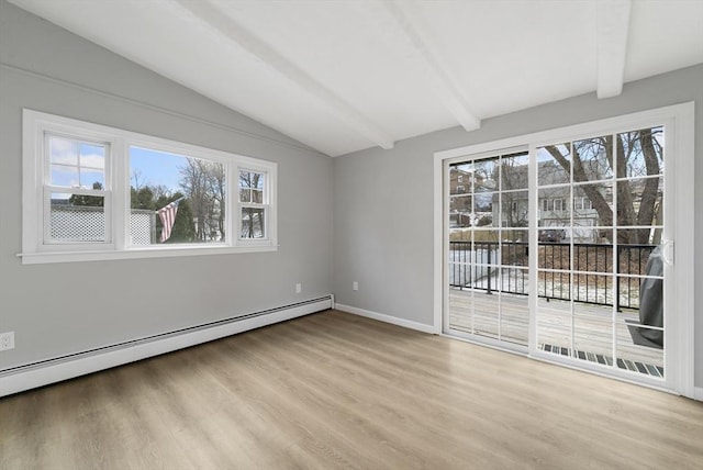 unfurnished room with a baseboard radiator, light hardwood / wood-style floors, and lofted ceiling with beams