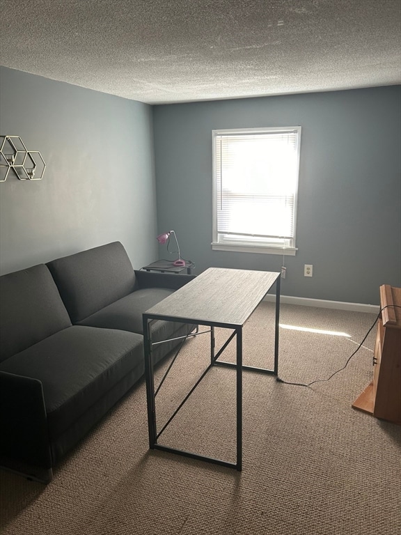 carpeted home office with a textured ceiling