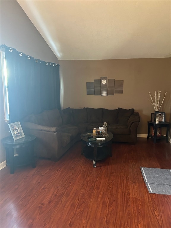 living room with lofted ceiling and dark hardwood / wood-style flooring