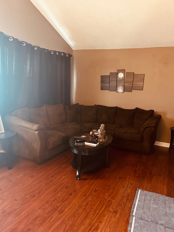 living room with hardwood / wood-style flooring and vaulted ceiling