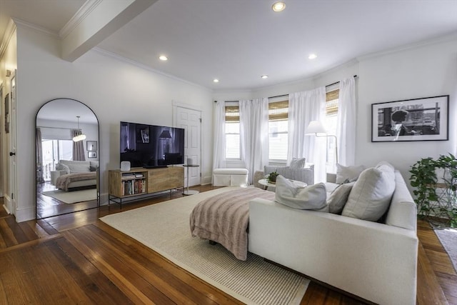 bedroom with multiple windows, wood-type flooring, crown molding, and recessed lighting