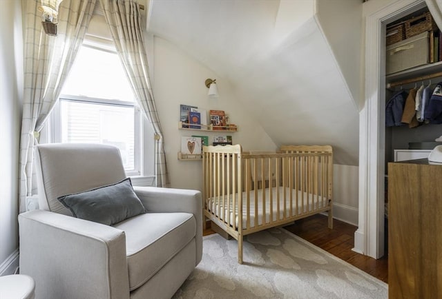 bedroom featuring wood finished floors, vaulted ceiling, a closet, and a crib
