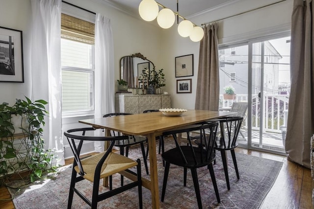 dining room featuring healthy amount of natural light, crown molding, and wood finished floors
