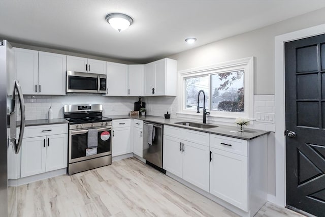 kitchen featuring stainless steel appliances, sink, white cabinets, and decorative backsplash