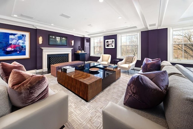 carpeted living room featuring a tray ceiling