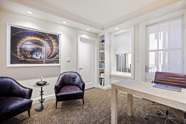 carpeted office space featuring built in shelves