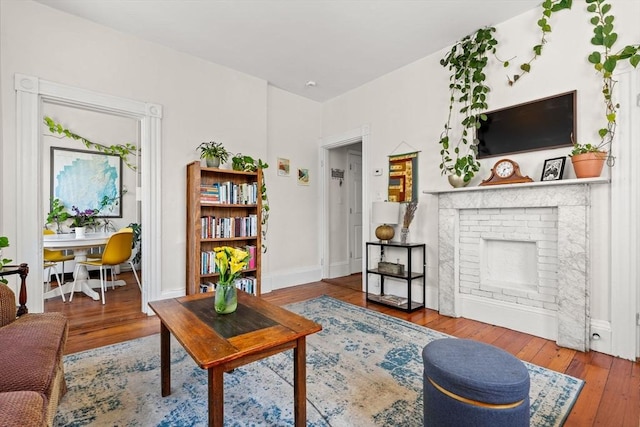 95 Child St Unit 2, Boston, MA 02130 - living room featuring wood-type flooring, a brick fireplace, and baseboards