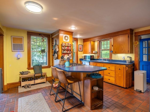 303 S St, Northampton, MA 01060 - kitchen featuring appliances with stainless steel finishes, brick flooring, dark countertops, a sink, and open shelves