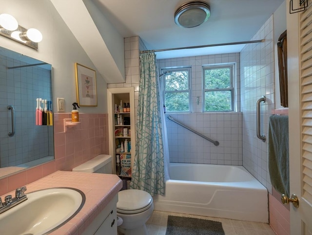 303 S St, Northampton, MA 01060 - full bathroom with tile walls, tile patterned flooring, shower / bath combo, toilet, and vanity