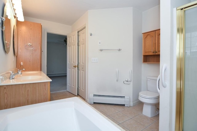 full bath featuring baseboard heating, a shower with shower door, vanity, toilet, and tile patterned floors