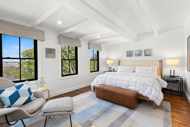 9 Upland Rd, Marblehead, MA 01945 - bedroom with baseboards, multiple windows, hardwood / wood-style floors, beam ceiling, and recessed lighting