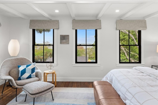 9 Upland Rd, Marblehead, MA 01945 - bedroom with beam ceiling, hardwood / wood-style floors, multiple windows, baseboards, and recessed lighting
