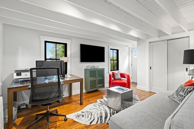 9 Upland Rd, Marblehead, MA 01945 - living room with hardwood / wood-style flooring, beamed ceiling, and a desk