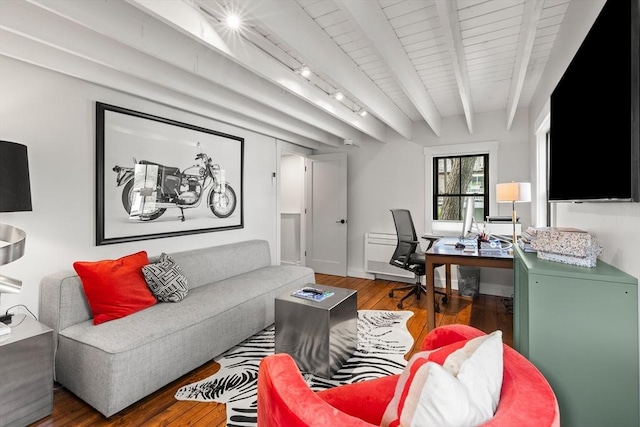 9 Upland Rd, Marblehead, MA 01945 - living area with wood finished floors, beam ceiling, an office area, and baseboards
