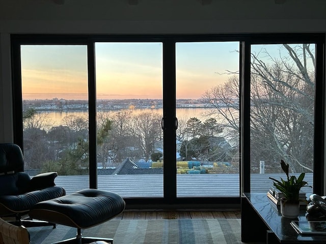 9 Upland Rd, Marblehead, MA 01945 - doorway to outside with a water view, plenty of natural light, and wood finished floors