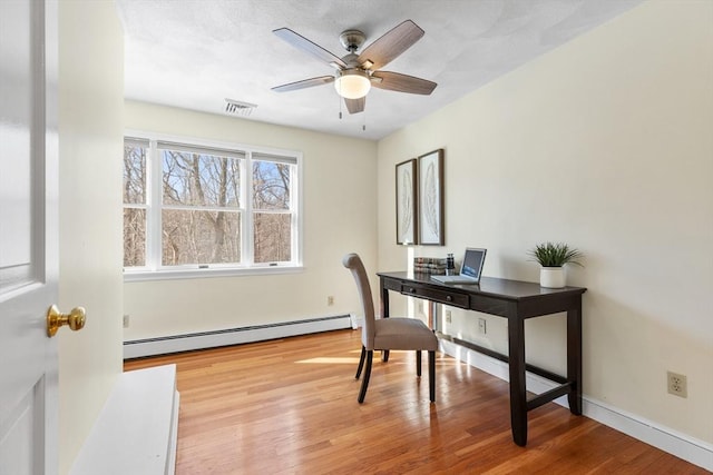 home office featuring ceiling fan, a baseboard radiator, and wood-type flooring