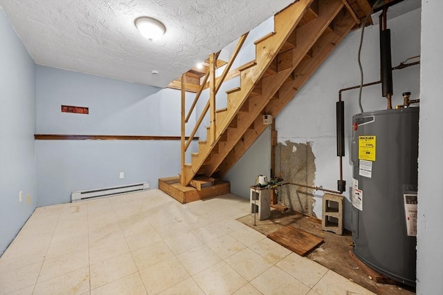 finished below grade area with baseboard heating, water heater, stairs, and a textured ceiling