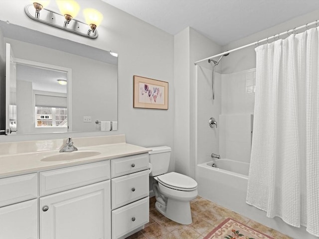 full bath with toilet, shower / bath combination with curtain, vanity, and tile patterned flooring