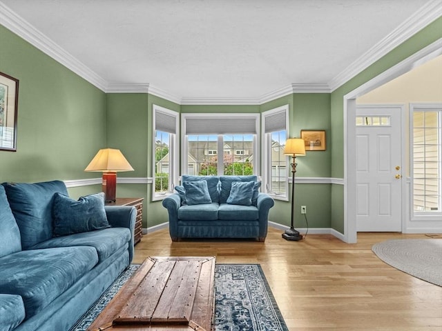 living room featuring wood finished floors, ornamental molding, and baseboards
