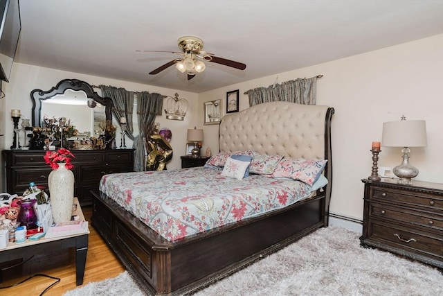 bedroom with ceiling fan and light wood-type flooring