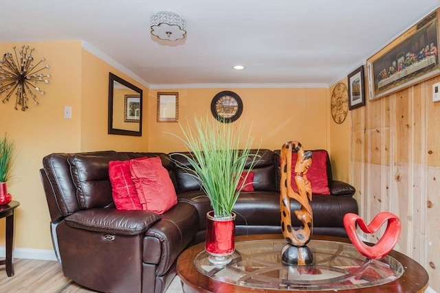 living room with crown molding and wood-type flooring