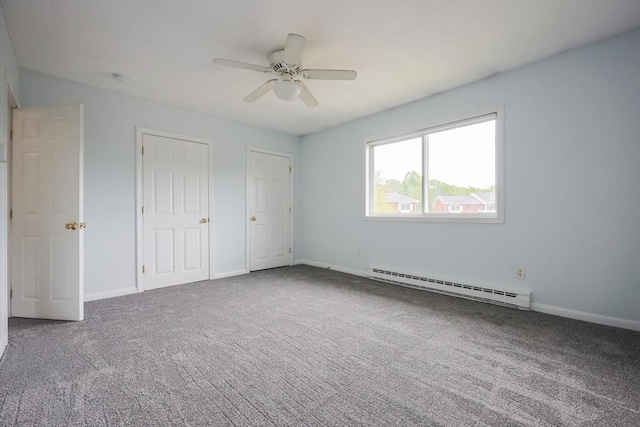3 Dailey St Unit I, Attleboro, MA 02703 - unfurnished bedroom featuring a baseboard heating unit, carpet floors, baseboards, and a ceiling fan