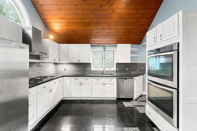 220 Prospect St, Seekonk, MA 02771 - kitchen with stainless steel appliances, lofted ceiling, wood ceiling, dark countertops, and a sink