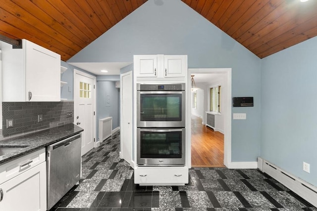 220 Prospect St, Seekonk, MA 02771 - kitchen featuring baseboard heating, appliances with stainless steel finishes, vaulted ceiling, open shelves, and baseboards